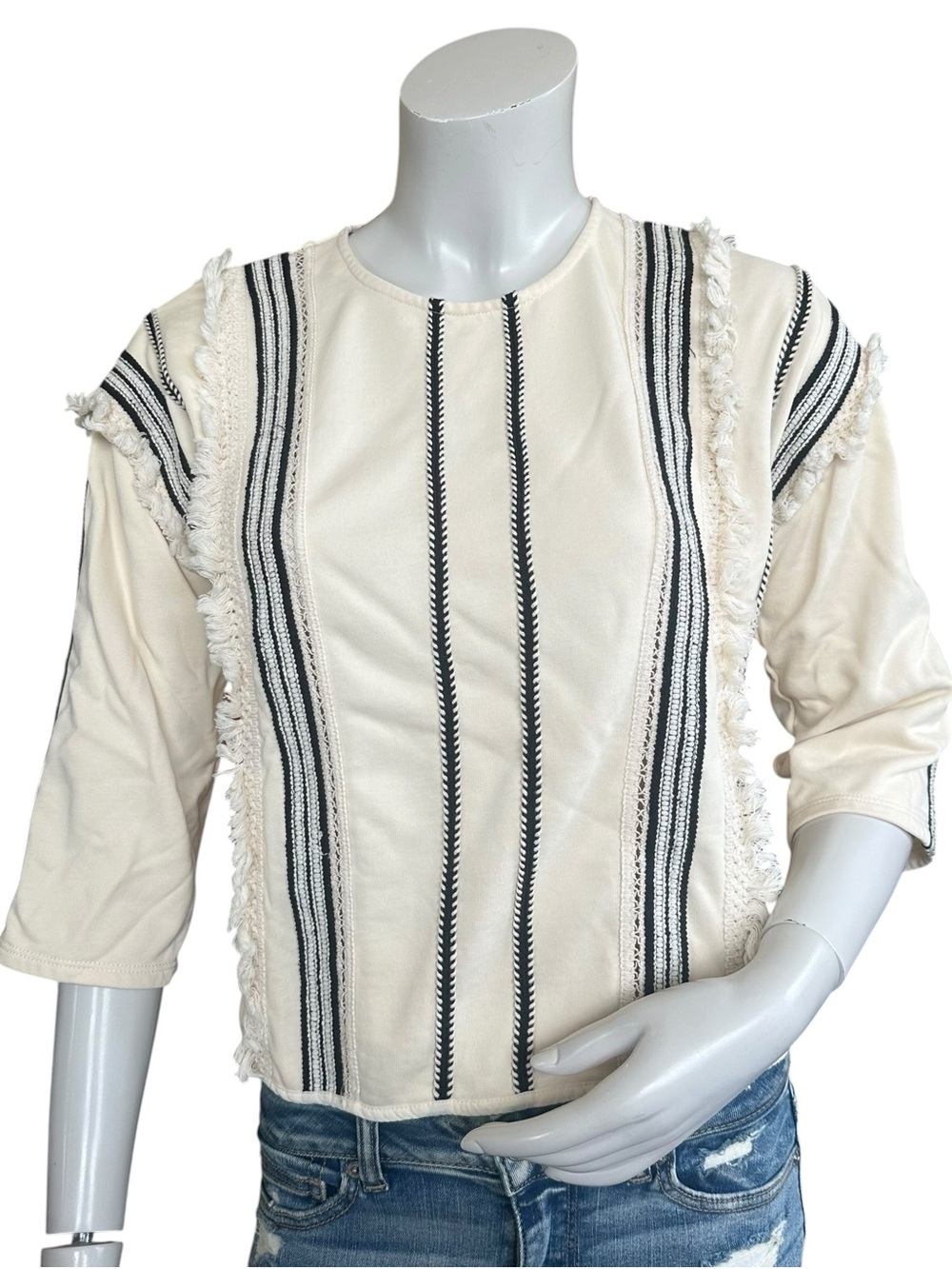Anthropologie Eri + Ali Santillana Boxy Fringe Blouse Top Cream Black Size XS